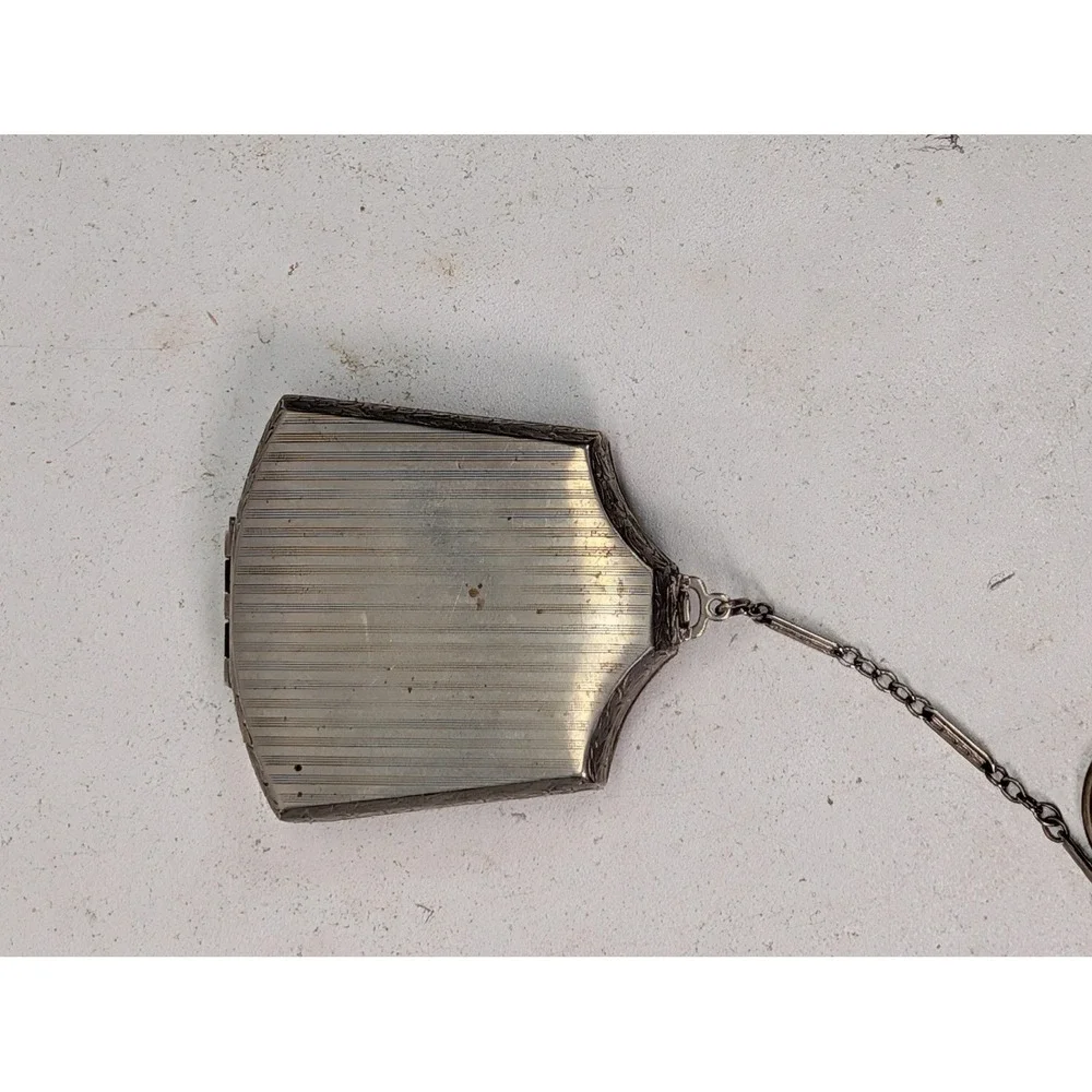 Vintage Silver Tone Compact Mirror Powder Case Chain Finger Ring Floral Enamel